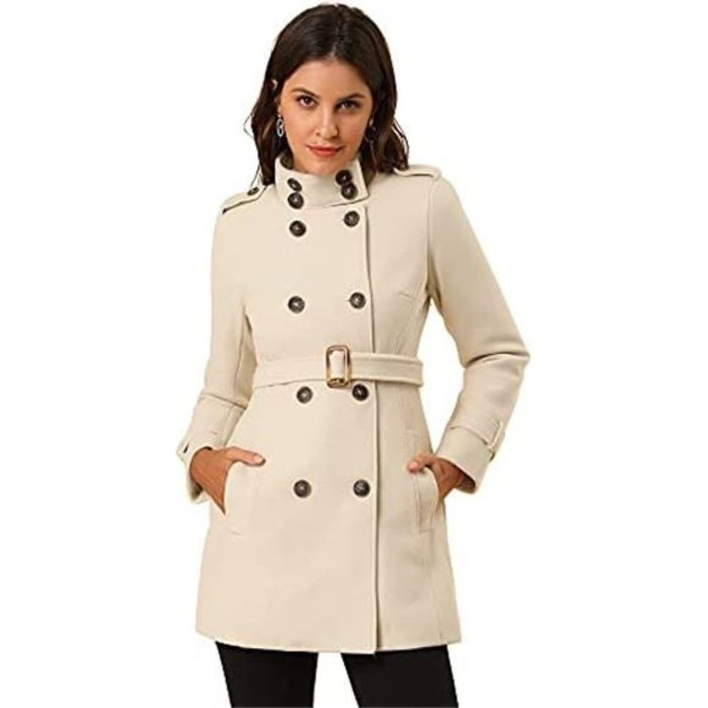 Women's Stand Collar Double Breasted Pockets Trendy Outwear Winter Coat